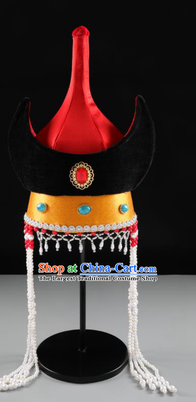 China Handmade Ethnic Festival Red Satin Bull Horn Hat Mongolian Nationality Female Hair Accessories Mongol Nationality Performance Headwear