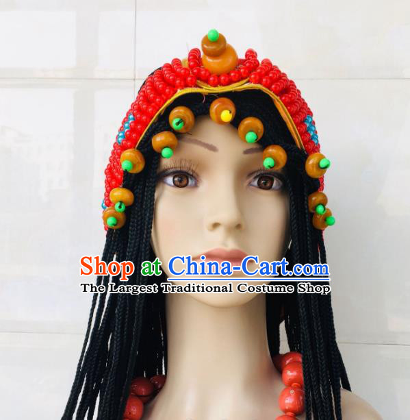 China Xizang Ethnic Wedding Bride Red Beads Headdress Zang Nationality Folk Dance Hair Accessories Tibetan Minority Performance Hairpieces