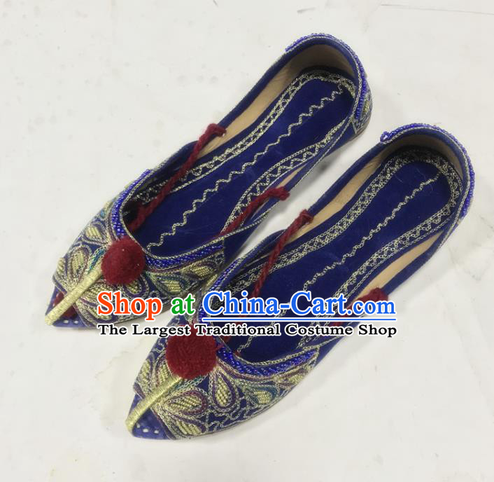 Handmade Indian Embroidery Deep Blue Leather Shoes Asian Female Shoes India Wedding Bride Shoes Folk Dance Shoes