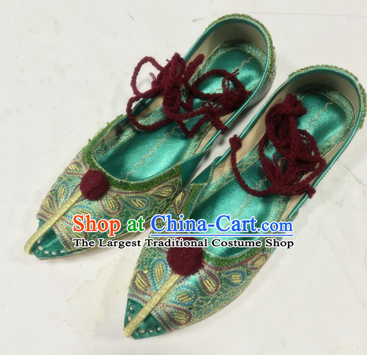 Handmade Indian Folk Dance Shoes Asian Nepal Bride Shoes Embroidery Shoes India Female Green Leather Shoes
