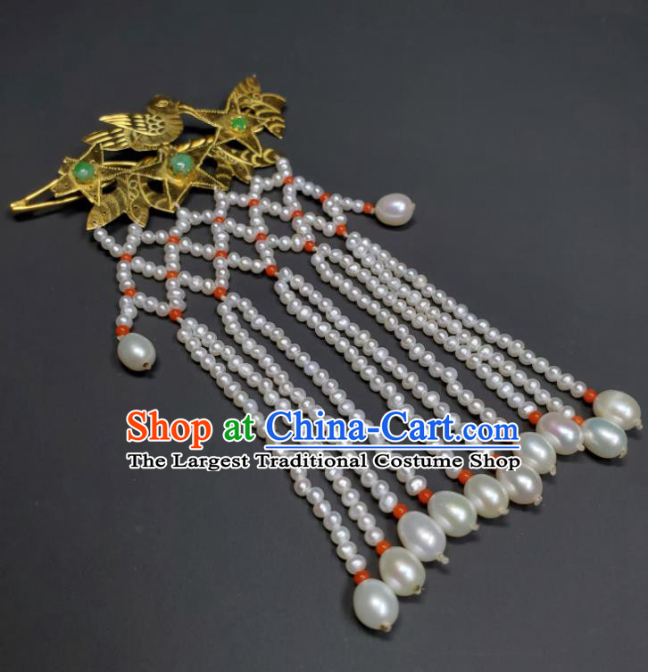Chinese Ancient Empress Pearls Tassel Hairpin Traditional Qipao Dress Hair Accessories Handmade Qing Dynasty Queen Golden Bird Hair Stick
