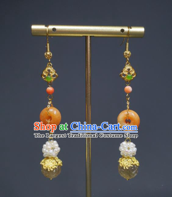 Handmade Chinese Cheongsam Ear Jewelry Qing Dynasty Imperial Consort Eardrop Traditional Agate Ear Accessories National Pearls Earrings