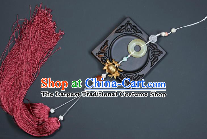 China Handmade Jade Ring Belt Jewelry Ancient Swordsman Wine Red Tassel Pendant Traditional Hanfu Waist Accessories