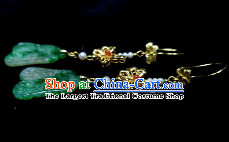 Handmade Chinese Cheongsam Jadeite Ear Accessories National Golden Butterfly Earrings Traditional Ear Jewelry Qing Dynasty Qipao Eardrop