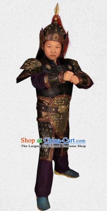 China Traditional Drama Kid Soldier Black Armor Clothing Han Dynasty General Uniforms Ancient Children Warrior Garment Costumes and Hat