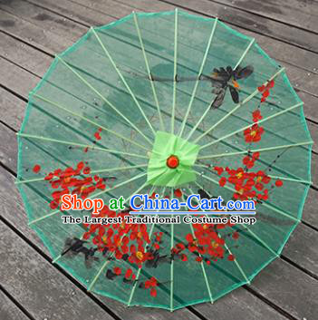 Chinese Traditional Hanfu Prop Bumbershoot Painting Plum Blossom Umbrella Classical Dance Umbrellas Handmade Green Silk Umbrella