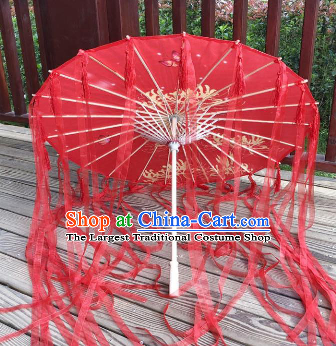 Chinese Handmade Silk Umbrellas Red Ribbon Tassel Umbrella Classical Dance Umbrella Traditional Performance Umbrella