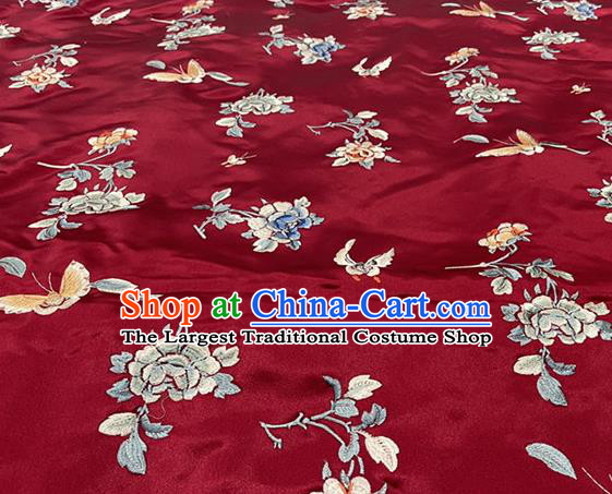 Chinese Tang Suit Silk Drapery Classical Butterfly Pattern Fabric Traditional Qipao Dress Wine Red Satin