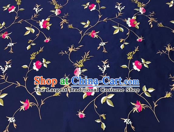 China Classical Little Peony Pattern Silk Fabric Traditional Cheongsam Damask Cloth Mongolian Robe Navy Brocade Material Tang Suit Drapery