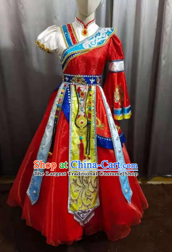 Chinese Tibetan Nationality Children Performance Clothing Ethnic Folk Dance Garment Costumes Zang Minority Dance Red Dress Outfits