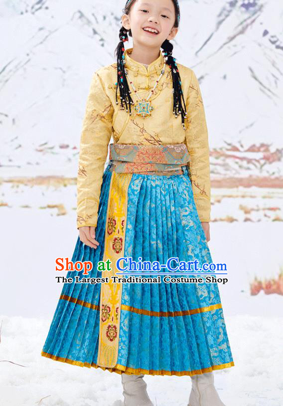 Chinese Xizang Ethnic Children Golden Brocade Blouse and Blue Skirt Zang Minority Festival Performance Costumes Tibetan Nationality Girl Clothing