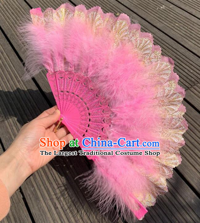 Chinese Traditional Kung Fu Fan Handmade Pink Feather Lace Fans Folk Dance Folding Fan Martial Arts Performance Fan