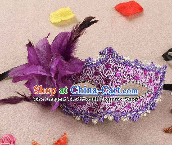 Handmade Cosplay Performance Purple Flower Face Mask Masquerade Ball Headgear Halloween Dancing Party Lace Mask Stage Show Face Accessories