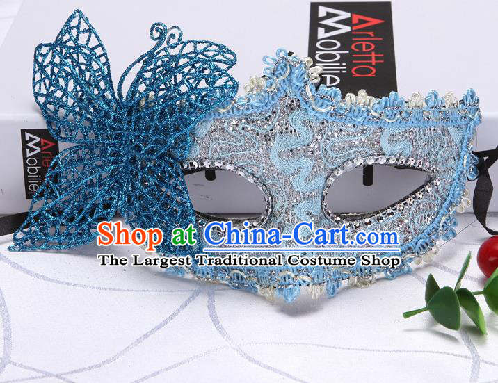 Handmade Catwalks Blue Butterfly Mask Masquerade Fancy Ball Headwear Stage Show Lace Face Mask Halloween Cosplay Accessories