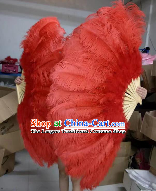 Top Folk Dance Large Fan Handmade Red Ostrich Feather Fan Miami Show Fan Halloween Cosplay Bamboo Folding Fan