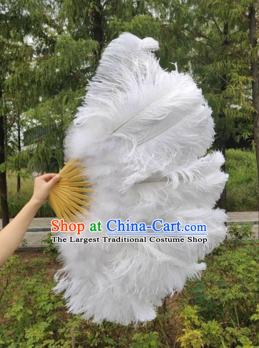 Top Miami Stage Show Fan Halloween Cosplay Bamboo Folding Fan Folk Dance Large Fan Handmade White Ostrich Feather Fan