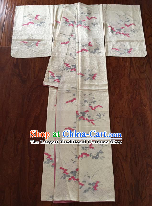 Japan Traditional Beige Silk Yukata Dress Classical Flowers Pattern Tsukesage Kimono Clothing Wedding Bride Garment Costume