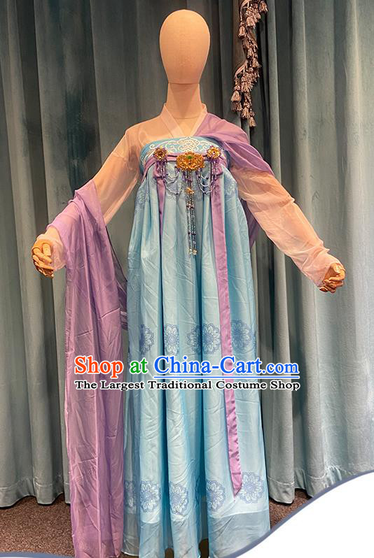 Chinese Tang Dynasty Palace Lady Blue Dress Outfits Traditional Drama Chang Ge Xing Li Leyan Garment Costumes Ancient Young Beauty Clothing