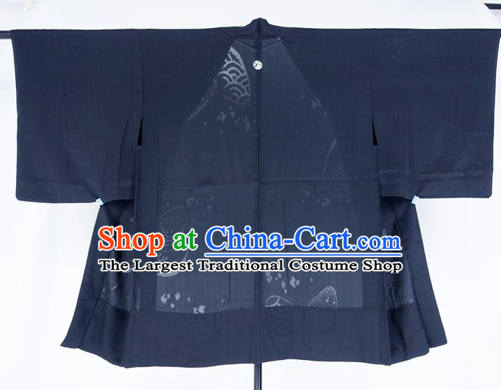 Japanese Male Haori Outer Garment Clothing Traditional Kimono Overcoat Jacket Classical Pattern Navy Silk Apparel