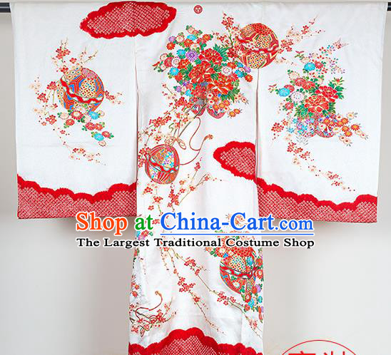 Japan Festival Girl Kimono Costume Traditional Hydrangea Pattern White Yukata Dress Ancient Princess Clothing