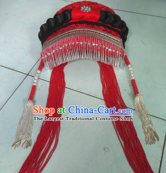 China Liangshan Ethnic Group Folk Dance Headwear Yi Nationality Female Headdress Handmade Minority Silver Tassel Tile Hat