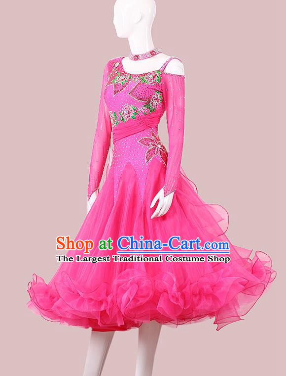 Professional Waltz Performance Clothing Ballroom Dancing Rosy Dress International Dance Competition Garment Modern Dance Fashion