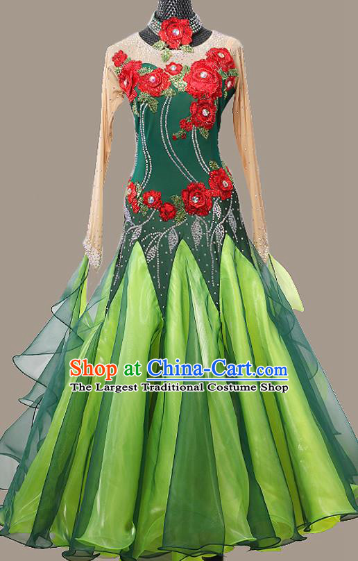 Custom Modern Dance Embroidered Green Dress International Dance Garment Ballroom Dancing Clothing Waltz Competition Fashion