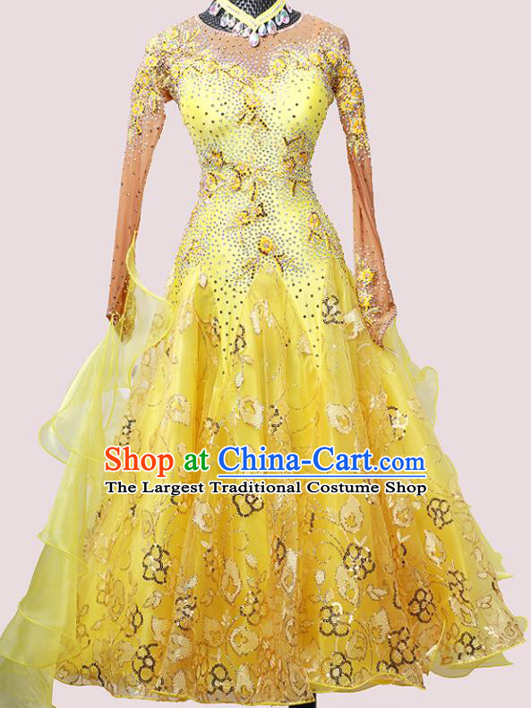 Custom International Dance Competition Yellow Dress Ballroom Dancing Clothing Waltz Performance Fashion Modern Dance Garment
