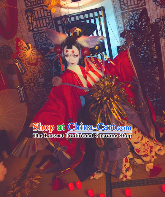 Custom Japanese Queen Kimono Clothing Cosplay Onmyoji Red Dress Halloween Garment Costume