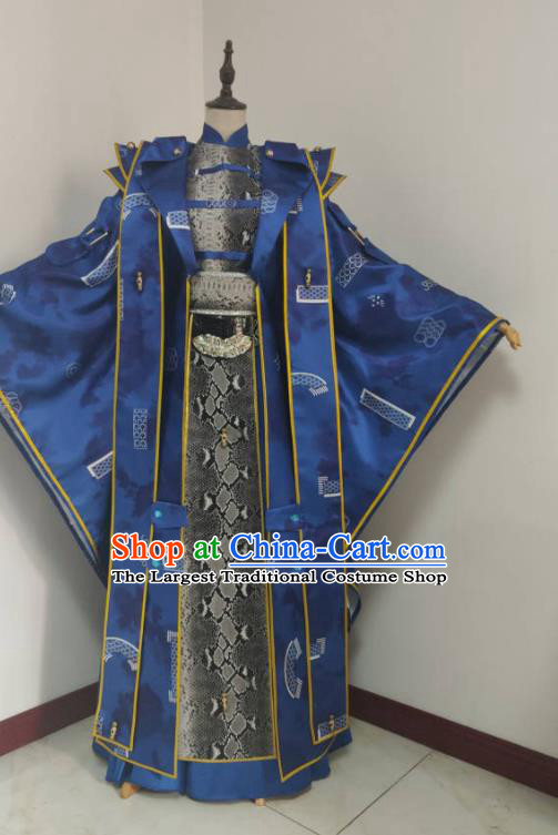 Chinese Traditional Cosplay Swordsman King Clothing Puppet Show Royal Highness Garment Costumes Ancient Emperor Blue Uniforms