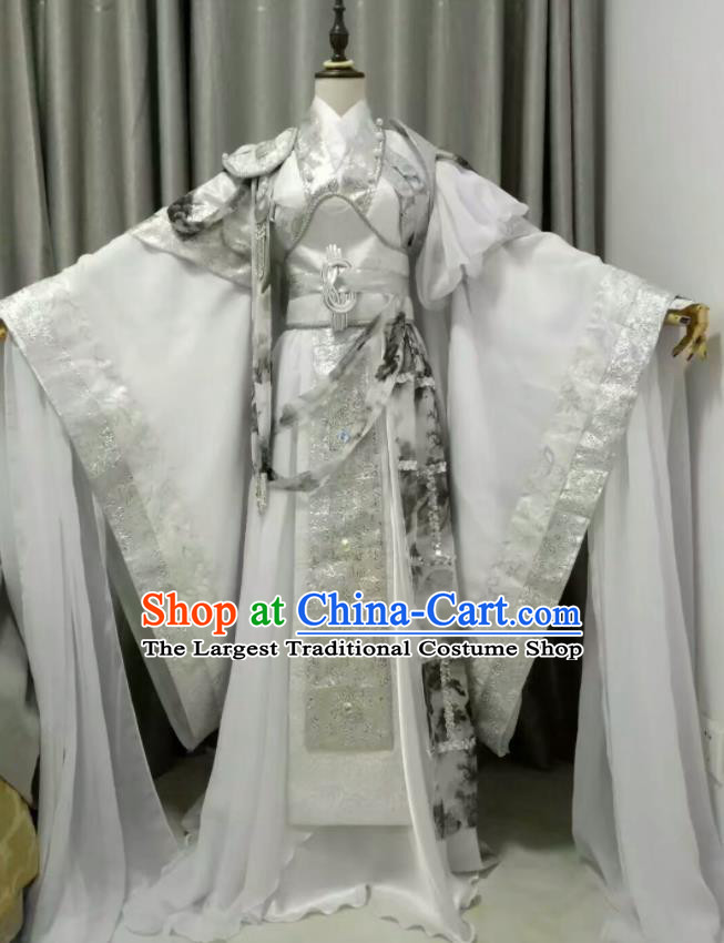 Chinese Ancient Taoist Priest White Uniforms Traditional Cosplay Swordsman Clothing Puppet Show Royal Prince Garment Costumes