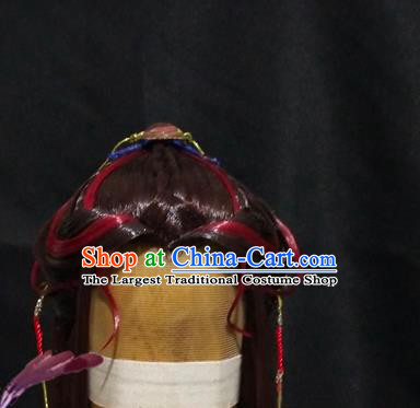 Handmade China Ancient Swordsman Hairpieces Cosplay Young Hero Brown Wigs and Hair Crown Traditional Puppet Show Knight Headdress