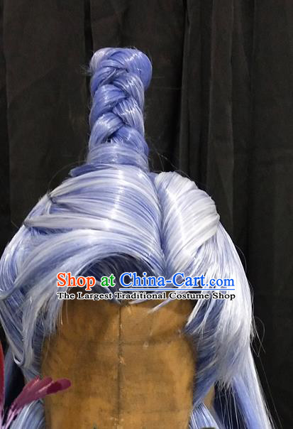 Handmade China Traditional Puppet Show King Headdress Ancient Swordsman Hairpieces Cosplay Childe Blue Wigs
