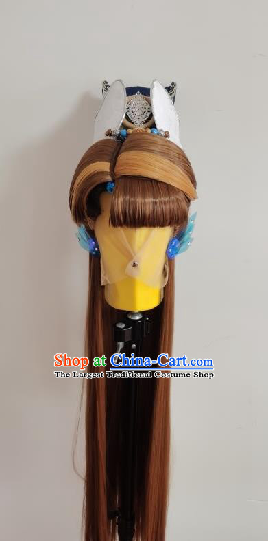 Handmade China Cosplay Swordsman Yellow Wigs and Hair Crown Traditional Puppet Show Yan Qinghan Headdress Ancient Young Hero Hairpieces