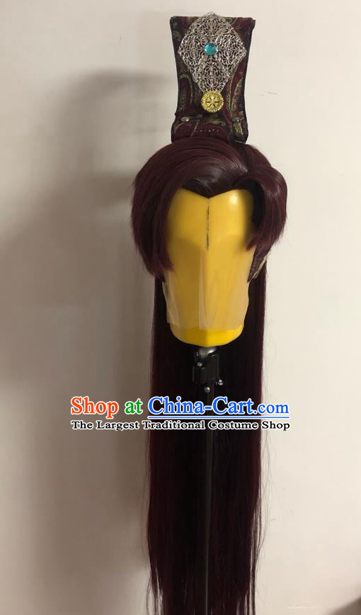 Handmade China Ancient Young Knight Hairpieces Cosplay Swordsman Brown Wigs and Hair Crown Traditional Puppet Show Wolf King Headdress
