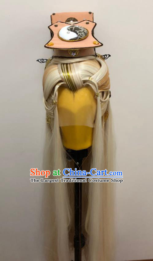 Handmade China Ancient Emperor Headdress Cosplay Swordsman Golden Wigs and Hair Crown Traditional Puppet Show Taoist Juan Shoutian Hairpieces