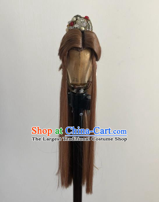 Handmade China Traditional Puppet Show Feng Xiaoyao Headdress Ancient Swordsman Hairpieces Cosplay Chivalrous Male Brown Wigs and Hair Crown