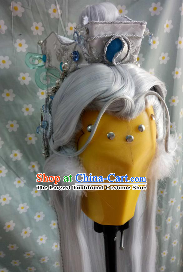 Handmade China Traditional Puppet Show Yuan Wuxiang Hairpieces Ancient Swordsman Headdress Cosplay Escort Knight Gray Wigs and Hair Crown