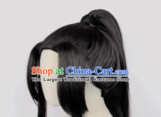 Handmade China Cosplay Young Knight Black Ponytsil Wigs Traditional Qin Dynasty Young Man Hairpieces Ancient Swordsman Headdress