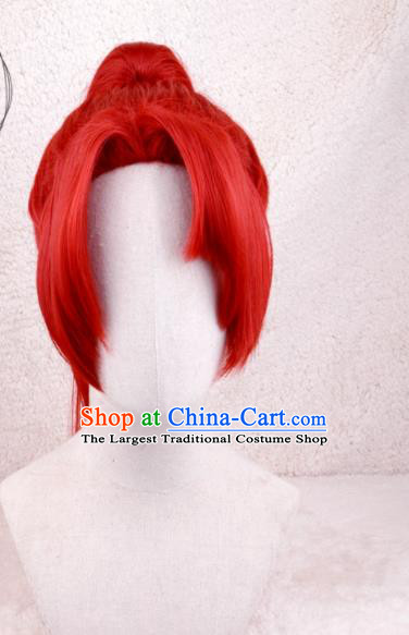 Handmade China Ancient Young Knight Headdress Cosplay Swordsman Red Ponytsil Wigs Traditional Qin Dynasty Kawaler Hairpieces