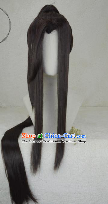 Handmade China Cosplay Swordsman Black Long Wigs Traditional Hanfu Young Childe Hairpieces Ancient Prince Headdress