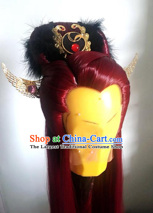 Handmade China Cosplay Chivalrous Male Red Wigs and Hair Crown Traditional Puppet Show Gongsun Yue Hairpieces Ancient Taoist Headdress