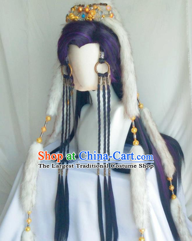 Handmade China Ancient Royal King Headdress Cosplay Swordsman Purple Wigs Traditional Puppet Show Prince Hairpieces