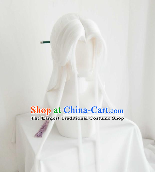 Handmade China Ancient Taoist Headdress Cosplay Swordsman White Wigs and Hair Crown Traditional Puppet Show Su Huanzhen Hairpieces