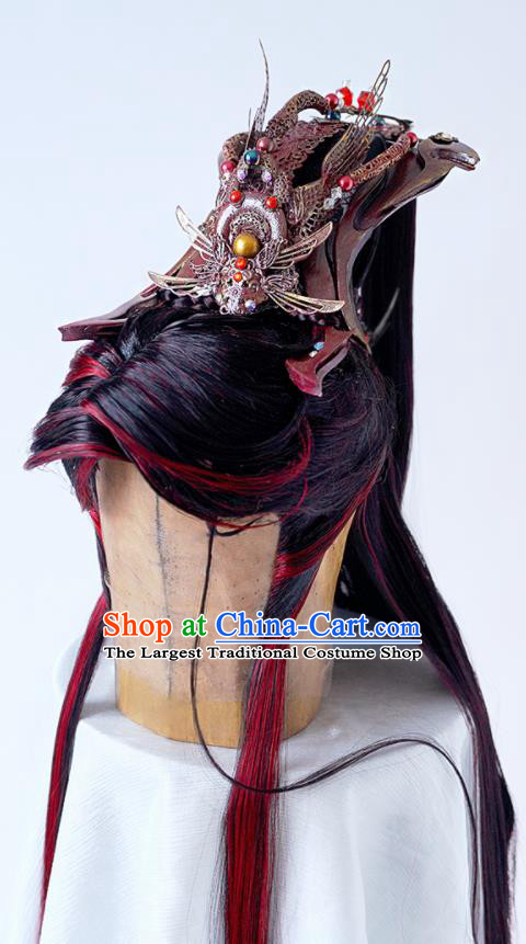 Handmade China Ancient Young Childe Headdress Cosplay Swordsman Red Wigs and Hair Crown Traditional Puppet Show King Shangguan Hongxin Hairpieces