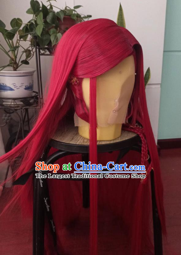 Handmade China Traditional Puppet Show Qiao Rulai Hairpieces Ancient Young Knight Headdress Cosplay Swordsman Red Wigs