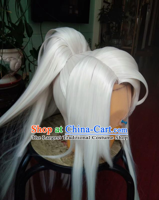 Chinese Traditional Cosplay Taoist Priest White Wigs Hairpieces Ancient Swordsman Periwig Hair Accessories Handmade Puppet Show Bin Xueya Headdress
