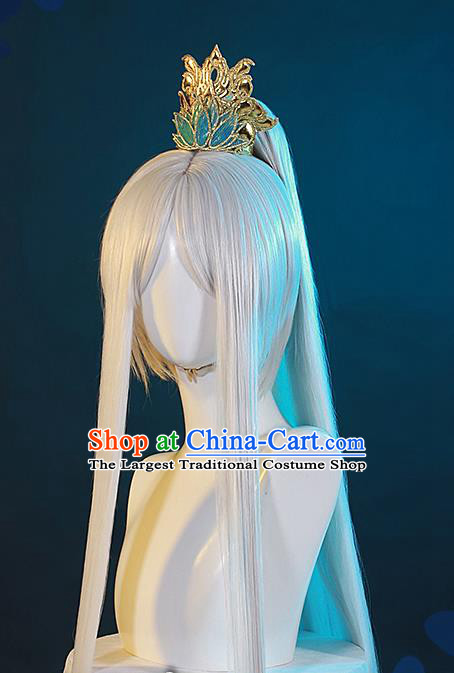 Chinese Handmade Cosplay Young Knight Headdress Traditional Game Role White Wigs Hairpieces Ancient Swordsman Periwig Hair Accessories