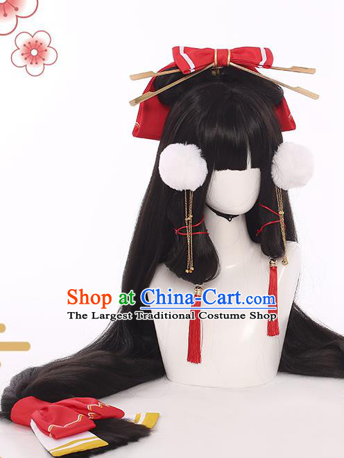 Handmade Traditional Game Young Lady Hair Accessories Cosplay Fairy Hairpieces Snow Woman Black Wigs