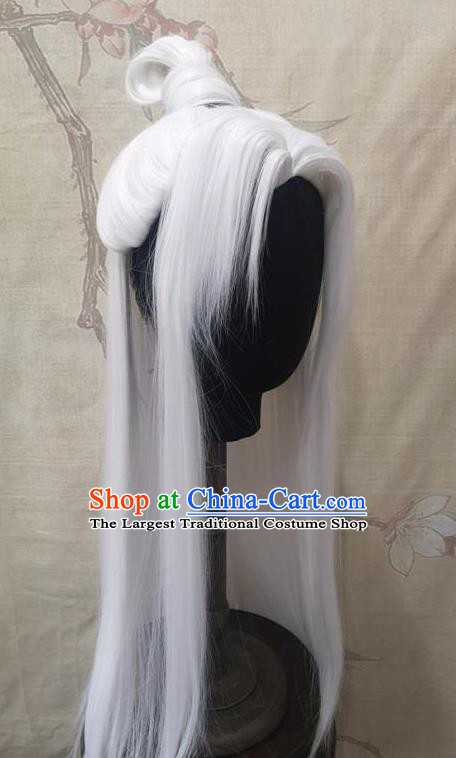 Chinese Handmade Cosplay Swordsman Hairpieces Traditional Hanfu White Wigs Headdress Ancient Young Childe Hair Accessories